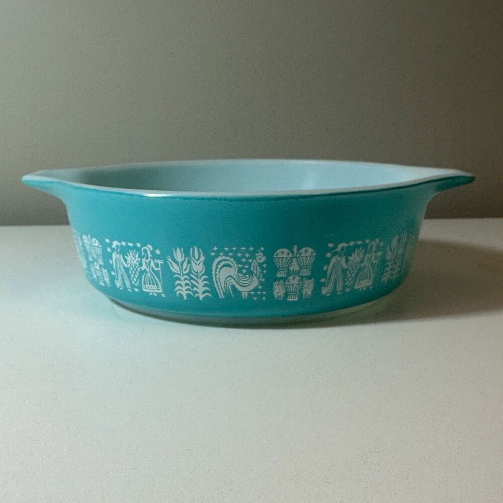 Vintage MCM PYREX 471 AMISH BUTTERPRINT DISH 1 PT CASSEROLE WHITE TURQUOISE USA